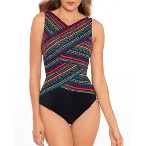 Miraclesuit Raya De Sol Brio One Piece Slimming Swimsuit Womens 14 Black Mutli